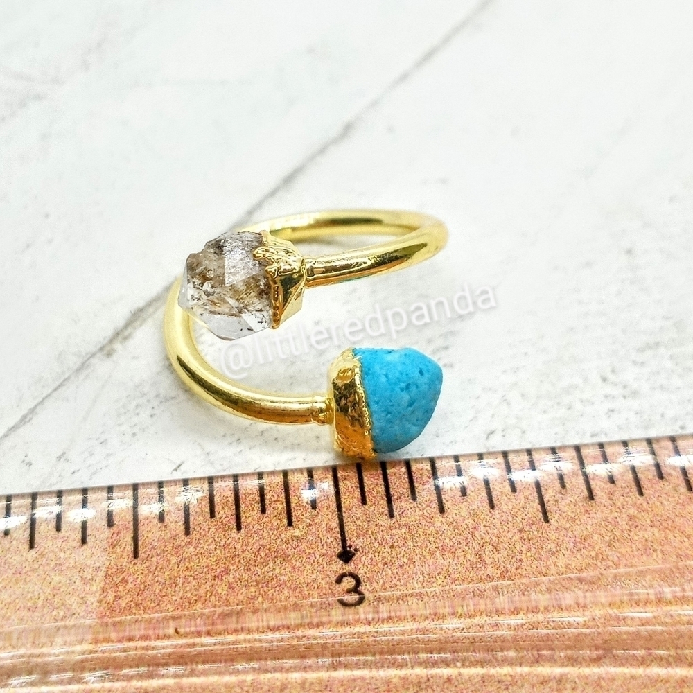 Herkimer and turquoise 18K plated wrap ring - Picture 3 of 4